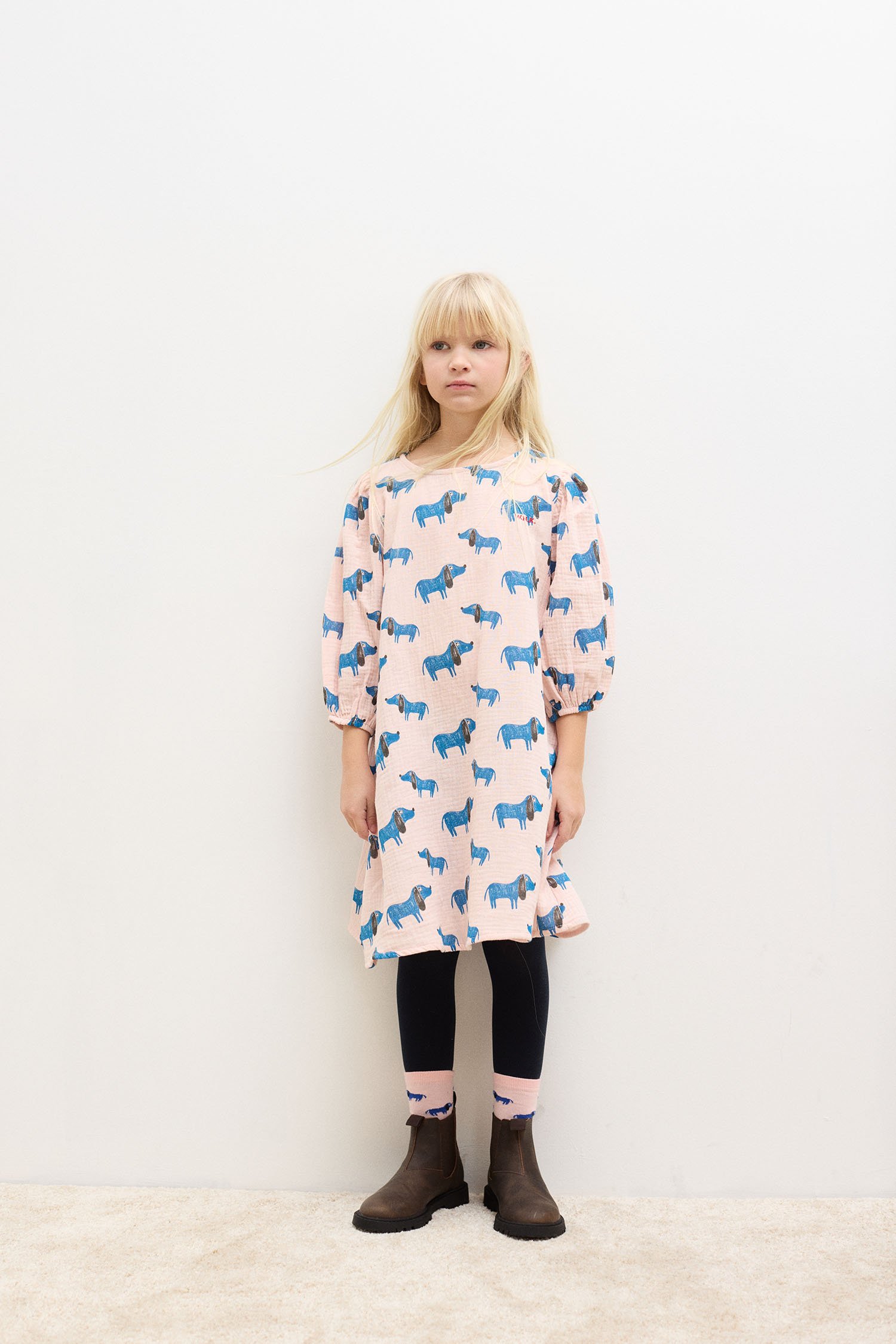 Blue dog all over woven dress