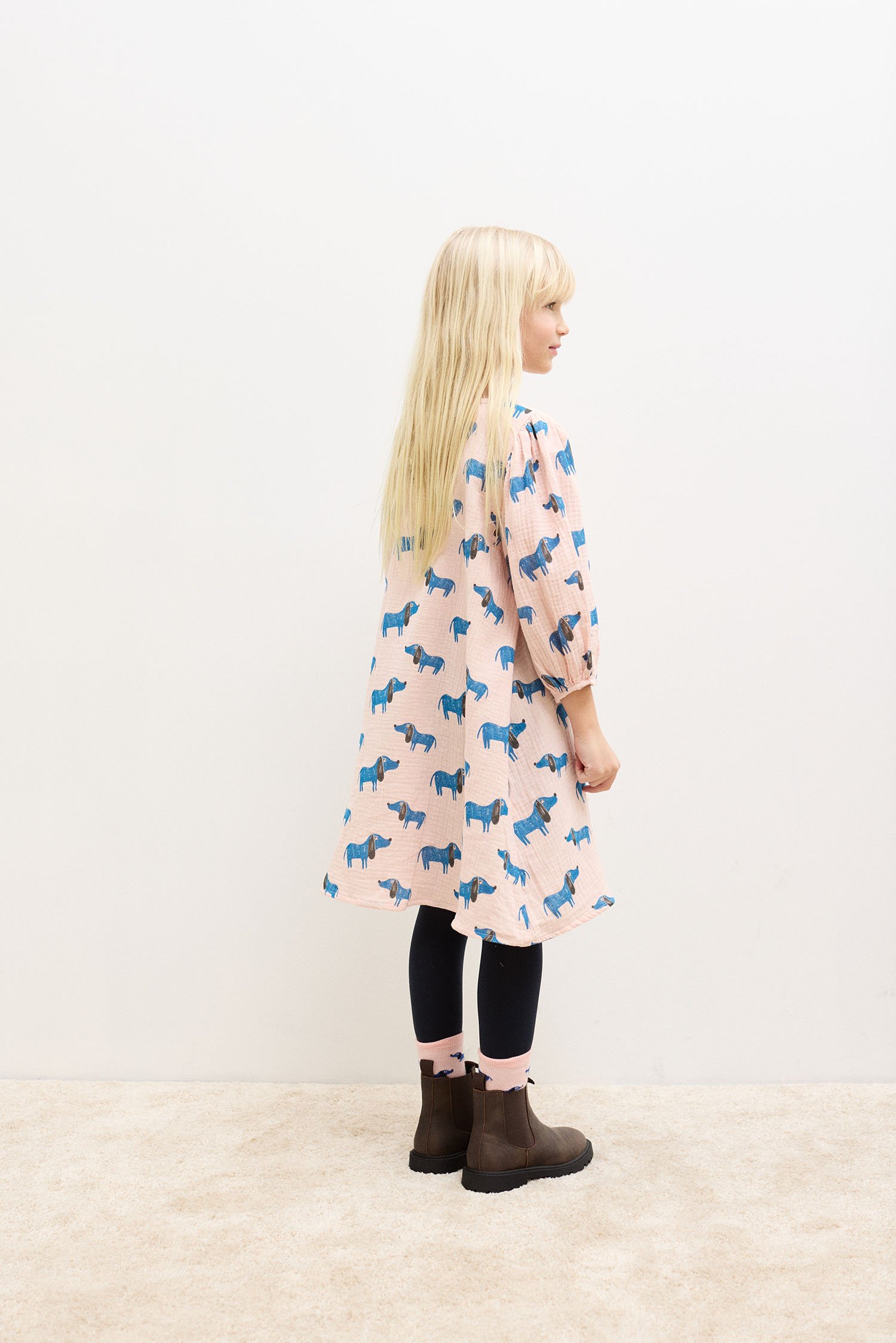 Blue dog all over woven dress